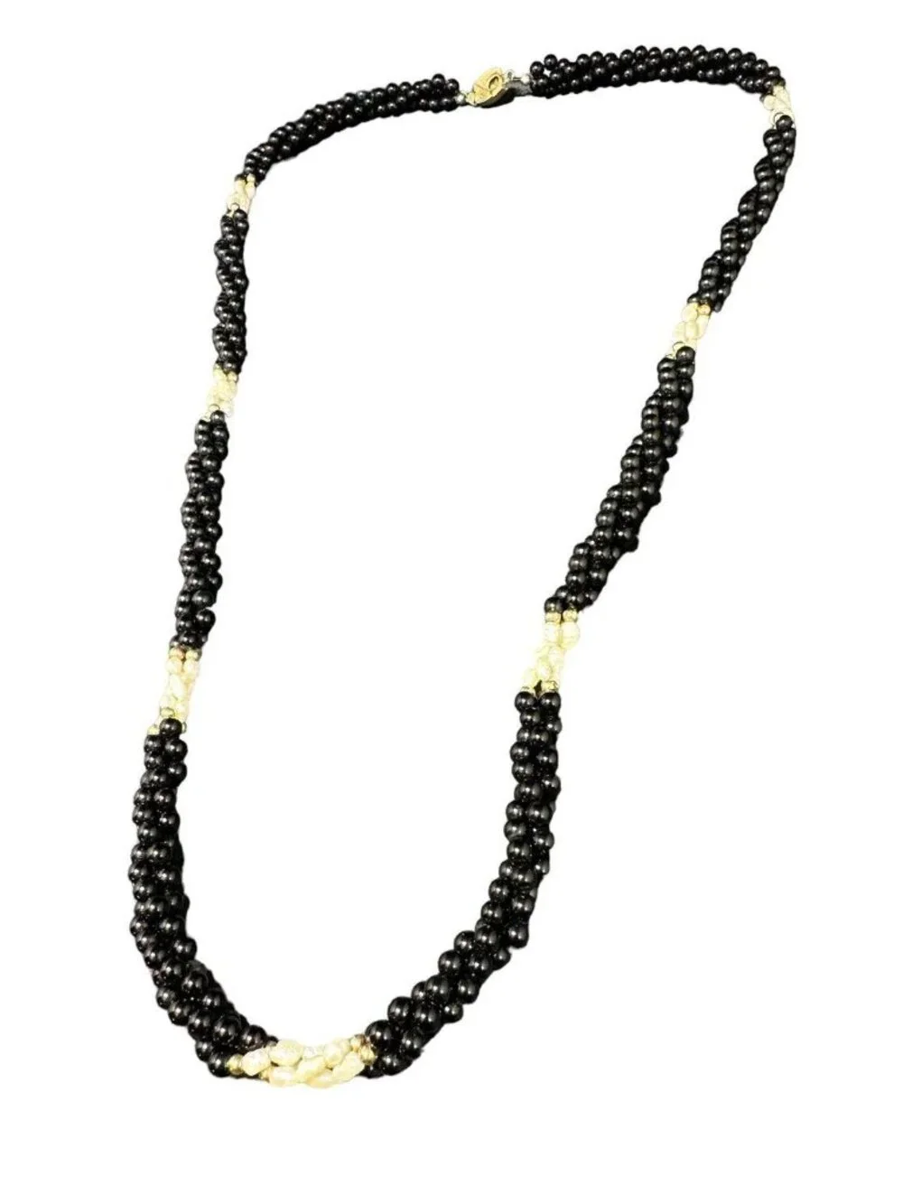Vintage Necklace Gold Filled Freshwater Pearl And Black Onyx Three Strand Beads